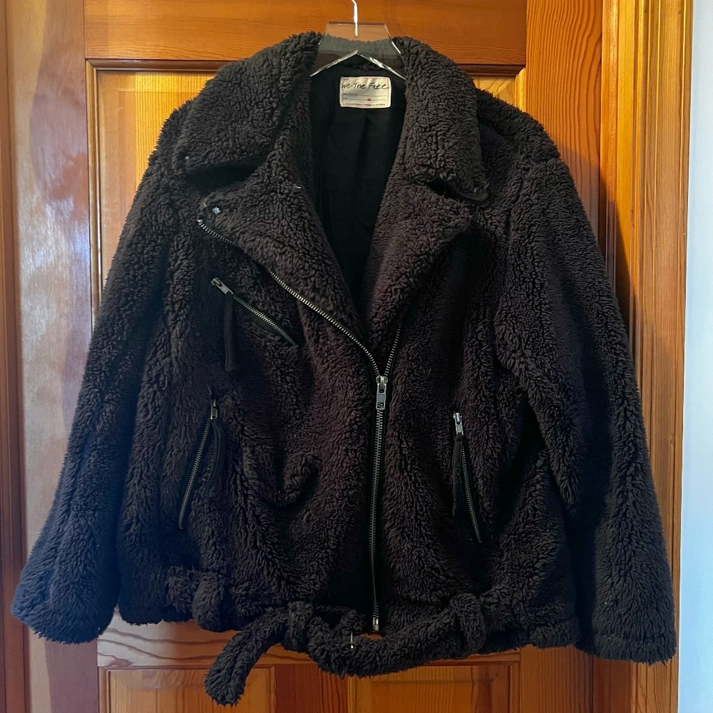 Free People So Cozy Slouchy Black Teddy Moto Jacket